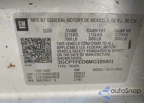 2021 Chevrolet Silverado 1500 4Wd Short Bed Lt Trail Boss из США, поврежденный, VIN 3GCPYFED6MG165901